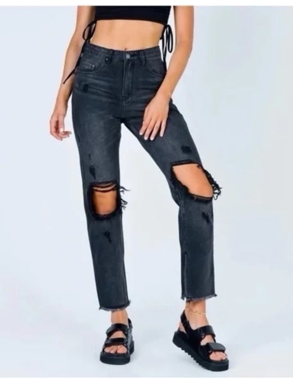 princess polly black straight leg distressed denim jeans